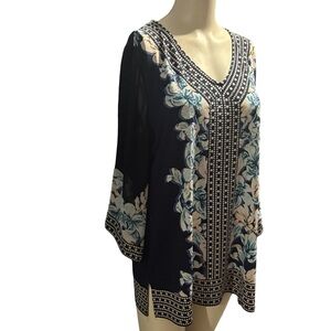 L JM Collection Black and Blue Floral V-Neck Blouse